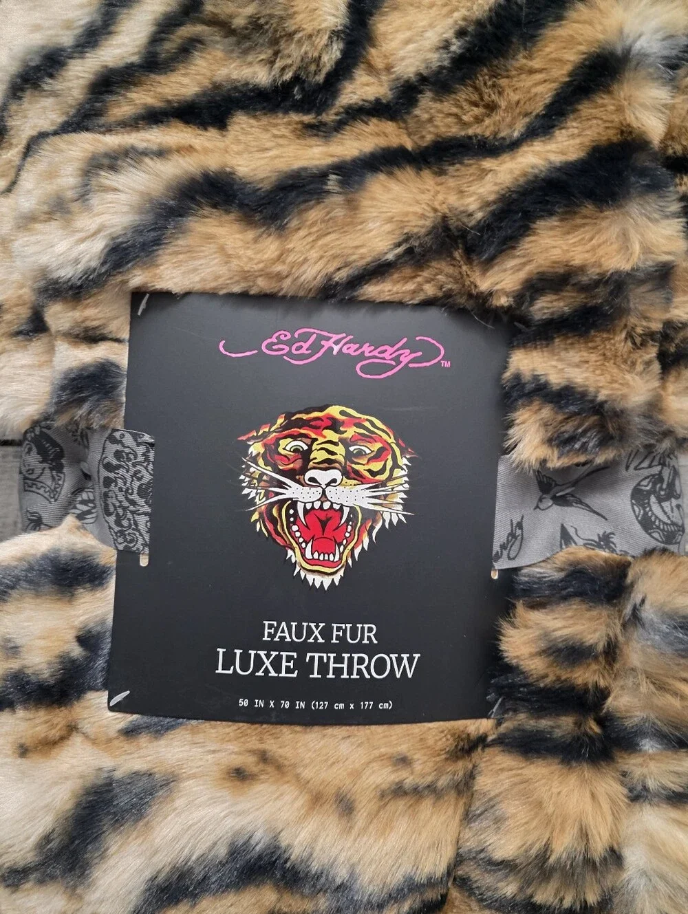 Set Of 2 Ed Hardy Faux Fur Luxe Throw Blankets Leopard & Tiger Print